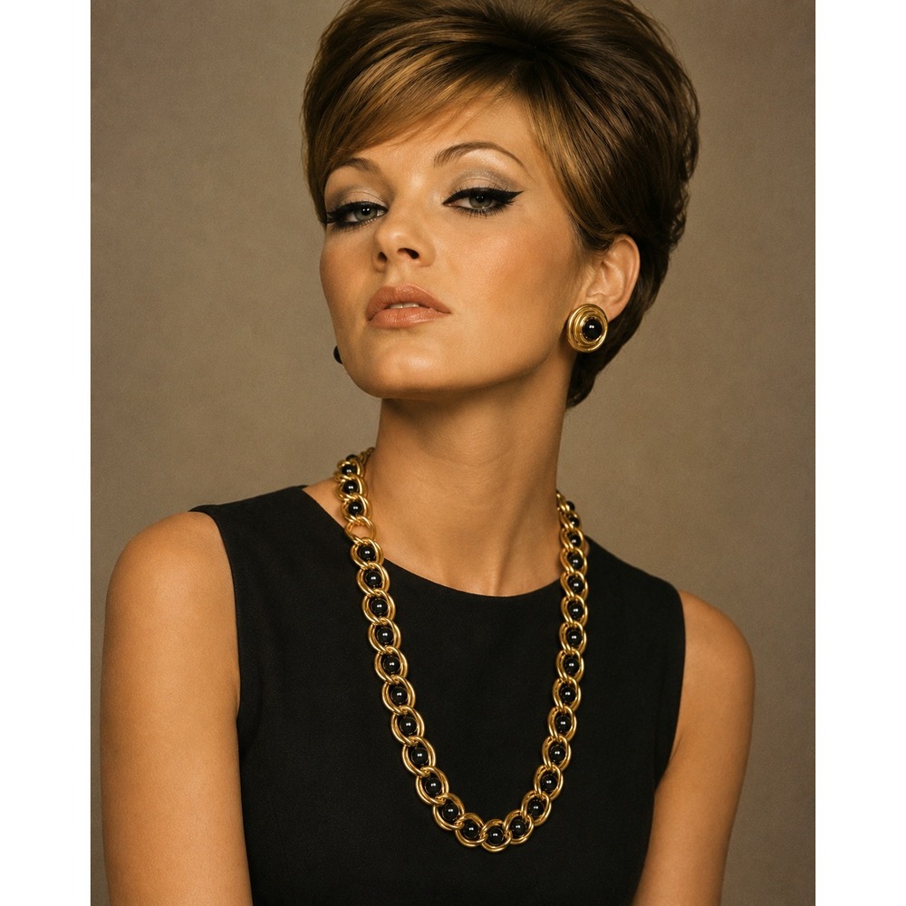 Vintage 60s Chunky Gold Tone Black Glass Bead Statement Necklace 18 Inch‎